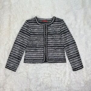 Alice + Olivia Medium Black White Metallic Silver Tufted Tweed Collarless Blazer